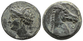 Carthaginian Domain, Sardinia, c. 264-241 BC. Æ (19mm, 5.22g, 6h). Wreathed head of Kore-Tanit l. R/ Head of horse r.; letter before. Piras 54; SNG Co...