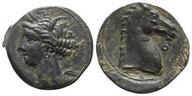 Carthaginian Domain, Sardinia, c. 264-241 BC. Æ (20mm, 6.80g, 12h). Wreathed head of Kore-Tanit l. R/ Head of horse r.; letter before. Piras 54; SNG C...