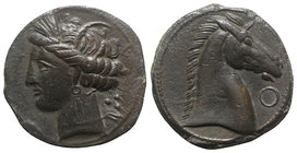 Carthaginian Domain, Sardinia, c. 264-241 BC. Æ (19.5mm, 4.53g, 3h). Wreathed head of Kore-Tanit l.; three pellets behind. R/ Head of horse r.; letter...