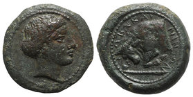 Sicily, Abakainon, c. 339-317 BC. Æ Hemilitron (17mm, 5.60g, 12h). Female head r., hair in sphendone. R/ Forepart of a bull butting l. Campana 29b; CN...