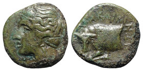 Sicily, Abakainon, c. 339-317 BC. Æ Tetras (12mm, 1.48g, 3h). Head of a nymph l., hair in ampyx and sphendone. R/ Forepart of man-headed bull l. Campa...