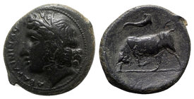 Sicily, Abakainon, c. 317-310 BC. Æ (23mm, 6.85g, 2h). Head of Persephone l., wreathed with grain. R/ Bull butting l.; cornucopia above. Campana 34; C...