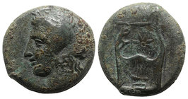 Sicily, Adranon, c. 340-330 BC. Æ Litra (30mm, 30.34g, 9h). Laureate head of Apollo l. R/ Lyre. Campana 3; CNS III, 3 OS; HGC 2, 42. Rare, green patin...