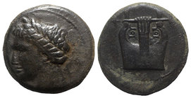 Sicily, Adranon, c. 340-330 BC. Æ Tetras (19mm, 7.99g, 1h). Laureate head of River-god l. R/ Kithara. Campana 4; CNS III, 4-5 OS (Ameselon); SNG ANS -...