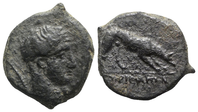 Sicily, Agyrion, c. 338-317 BC. Æ Hemilitron (18mm, 4.19g, 9h). Male head r. R/ ...