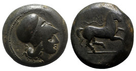 Sicily, Aitna, c. 355-339 BC. Æ (23mm, 16.00g, 9h). Head of Athena r., wearing Corinthian helmet. R/ Horse galloping r., reins trailing; M above. Camp...