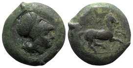 Sicily, Aitna, c. 355-339 BC. Æ (25.5mm, 15.82g, 3h). Head of Athena r., wearing Corinthian helmet. R/ Horse galloping r., reins trailing; M above. Ca...