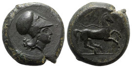 Sicily, Aitna, c. 355-339 BC. Æ (28mm, 15.11g, 6h). Head of Athena r., wearing Corinthian helmet. R/ Horse galloping r., reins trailing. Campana 4b; C...