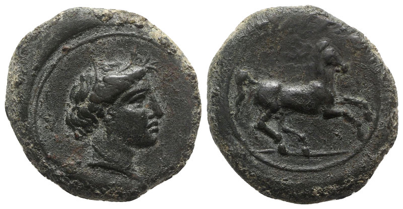 Sicily, Aitna, c. 354/3-344 BC. Æ Tetras (20mm, 7.11g, 3h). Wreathed head of Kor...