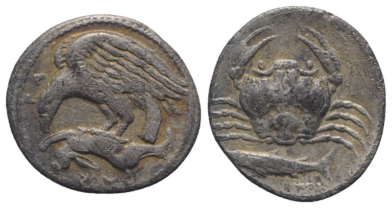 Sicily, Akragas, c. 420-406 BC. AR Hemidrachm (14mm, 2.09g, 3h). Eagle standing ...