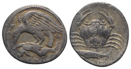 Sicily, Akragas, c. 420-406 BC. AR Hemidrachm (14mm, 2.09g, 3h). Eagle standing l. tearing at hare. R/ Crab; below, fish l. Westermark, Coinage, 536; ...
