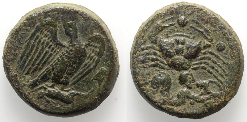Sicily, Akragas, c. 420-406 BC. Æ Hemilitron (28mm, 20.15g, 3h). Eagle standing ...