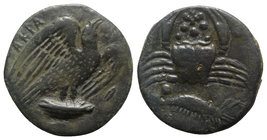 Sicily, Akragas, c. 420-406 BC. Æ Hemilitron (26.5mm, 17.36g, 1h). Eagle standing r., wings spread, head raised. R/ Crab; leaf above, crayfish below; ...