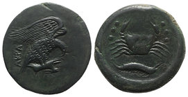 Sicily, Akragas, c. 420-406 BC. Æ Hemilitron (31mm, 20.49g, 3h). Eagle r., clutching dead hare in talons. R/ Crab; crayfish below, six pellets in fiel...