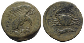 Sicily, Akragas, c. 420-406 BC. Æ Hemilitron (27mm, 16.58g, 11h). Eagle r., clutching dead hare in talons. R/ Crab; crayfish below, pellet above, six ...