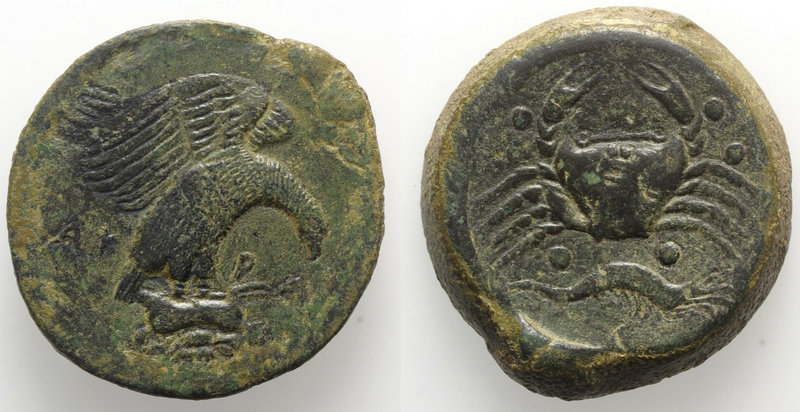 Sicily, Akragas, c. 420-406 BC. Æ Hemilitron (31mm, 21.64g, 5h). Eagle r., clutc...