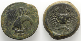 Sicily, Akragas, c. 420-406 BC. Æ Hemilitron (31mm, 21.64g, 5h). Eagle r., clutching dead hare in talons. R/ Crab; crayfish below, six pellets in fiel...