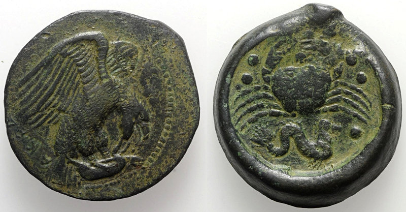 Sicily, Akragas, c. 420-406 BC. Æ Hemilitron (31.5mm, 22.75g, 10h). Eagle, wings...