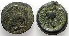 Sicily, Akragas, c. 420-406 BC. Æ Hemilitron (31.5mm, 22.75g, 10h). Eagle, wings spread, tearing at dead hare; leaf to r. R/ Crab; below, hippocamp r....