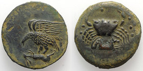 Sicily, Akragas, c. 420-406 BC. Æ Hemilitron (30mm, 16.83g, 6h). Eagle l., wings spread, tearing at dead hare. R/ Crab; below, hippocamp r.; six pelle...