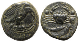 Sicily, Akragas, c. 420-406 BC. Æ Hexas (19mm, 7.43g, 6h). Eagle standing r. on bird. R/ Crab; two pellets flanking, two fish below. Cf. Westermark, C...