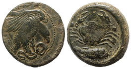 Sicily, Akragas, c. 420-406 BC. Æ Hexas (19mm, 6.80g, 1h). Eagle standing r. on serpent. R/ Crab; two pellets flanking, grouper below. Westermark, Coi...