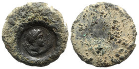 Sicily, Akragas, c. 415-406 BC. Æ Hemilitron (27mm, 19.42g). C/m: head of young river-god r.; mussel shell behind; caduceus before, all within incuse ...