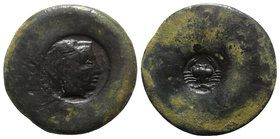Sicily, Akragas, c. 415-406 BC. Æ Hemilitron (31mm, 18.69g). C/m: head of Herakles r., wearing lion skin, within incuse circle. R / C/m: Crab; crayfis...