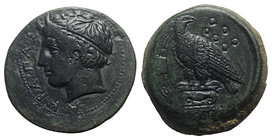 Sicily, Akragas, c. 400-380 BC. Æ Hemilitron (25mm, 17.10g, 9h). Diademed head of river-god l. R/ Eagle standing l. on Ionic column, head r.; crab to ...