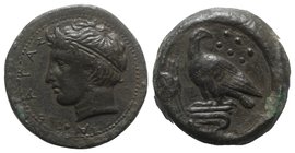 Sicily, Akragas, c. 400-380 BC. Æ Hemilitron (25mm, 18.36g, 3h). Diademed head of river-god l. R/ Eagle standing l. on Ionic column, head r.; crab to ...