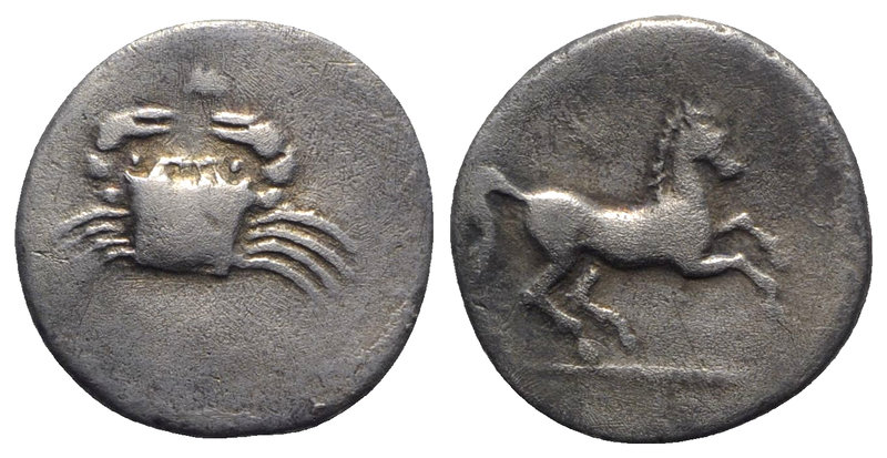 Sicily, Akragas, c. 338-317 BC. AR Diobol (14mm, 1.66g, 3h). Crab; small M above...