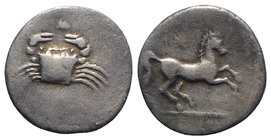 Sicily, Akragas, c. 338-317 BC. AR Diobol (14mm, 1.66g, 3h). Crab; small M above. R/ Horse galloping r.; star above. SNG ANS 1109; HGC 2, 108. About V...