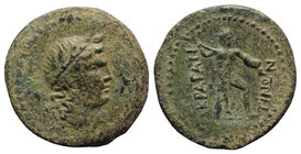 Sicily, Akragas, c. early 2nd century BC. Æ (25mm, 8.84g, 1h). Laureate head of Apollo r. R/ Warrior advancing r., brandishing spear. CNS I, 123; SNG ...