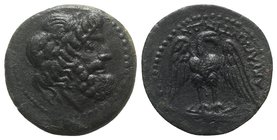 Sicily, Akragas, c. late 2nd century BC. Æ (24mm, 6.43g, 12h). Laureate head of Zeus r. R/ Eagle standing on thunderbolt, head r., wings spread. CNS I...