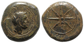Sicily, Alaisa Aitnaia, c. 340-330 BC. Æ Tetras (19mm, 8.08g). Horned head of river-god r. R/ Star with eight rays. Campana 2; CNS III, p. 337, 1 OS; ...