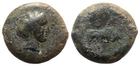 Sicily, Alaisa Aitnaia(?), c. 340-330 BC. Æ (27mm, 19.58g, 6h). Male(?) head r. R/ Bull butting r. Cf. Campana 1 = CNS III, p. 337 (horse? on rev.); H...