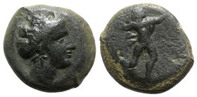 Sicily, Alaisa Archonidea, 339/8-317 BC. Æ (24mm, 13.63g, 9h). Head of female r., wearing sphendone. R/ Herakles advancing r., lion skin draped over a...