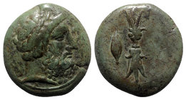 Sicily, Alontion, c. 357-354 BC. Æ (23mm, 13.58g, 12h). Laureate head of Zeus Eleutherios r. R/ Thunderbolt; barley grain to r. Campana 3; CNS II, p. ...