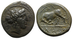 Sicily, Alontion, c. 334-325 BC. Æ (17mm, 4.96g, 9h). Female head r., hair in sphendone. R/ AΛON[T]I above, N[ΩN] in exergue, Bull butting l. Campana ...
