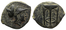 Sicily, Ameselon, c. 340-330 BC. Æ Hemilitron (28mm, 14.28g, 1h). Helmeted head of Athena r. R/ Tripod. Campana 1; CNS III, 1; HGC 2, 224. Rare, Good ...