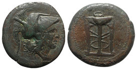 Sicily, Ameselon, c. 340-330 BC. Æ Hemilitron (28mm, 15.80g, 3h). Helmeted head of Athena r. R/ Tripod. Campana 1; CNS III, 1; HGC 2, 224. Rare, near ...
