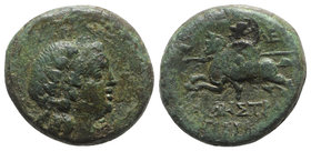 Sicily, Amestratos, late 3rd - early 2nd century BC. Æ (16mm, 4.12g, 12h). Head of Dionysos r., wearing ivy wreath. R/ Horseman (Leukaspis or Leukippo...