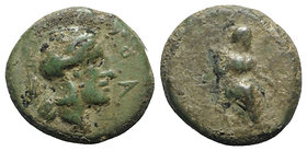 Sicily, Athl-, c. 344-339 BC. Æ (13mm, 2.50g, 11h). Helmeted head of Athena r. R/ Female figure seated r., holding trident(?) in r. hand, grounded bow...