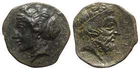 Sicily, Entella. Elymian issues, c. 420-410/4 BC. Æ (15mm, 3.29g, 6h). Head of female l., wearing sphendone. R/ Bearded male head r., wearing tainia. ...