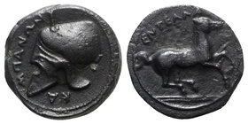 Sicily, Entella. Campanian mercenaries, c. 342/1-339 BC. Æ (13mm, 2.24g, 11h). Campanian helmet l. R/ Horse galloping r. Campana 9; CNS I, 5; SNG ANS ...