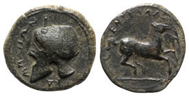Sicily, Entella. Campanian mercenaries, c. 342/1-339 BC. Æ (13mm, 1.88g, 3h). Campanian helmet l. R/ Horse galloping r. Campana 9; CNS I, 5; SNG ANS -...