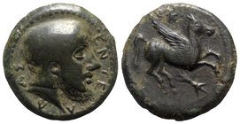 Sicily, Entella. Campanian mercenaries, c. 316/10-300/290 BC. Æ (20mm, 10.53g, 6h). Bearded male head r., wearing Campanian helmet. R/ Pegasos flying ...