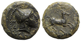 Sicily, Entella. Campanian mercenaries, c. 316/10-300/290 BC. Æ (17mm, 6.63g, 7h). Helmeted head of male r. R/ Horse prancing r.; K above, thunderbolt...