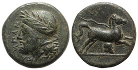Sicily, Entella. Campanian mercenaries, c. 316/10-300/290 BC. Æ (19mm, 6.43g, 5h). Bearded male head l., wearing Campanian helmet decorated with wreat...