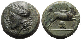 Sicily, Entella. Campanian mercenaries, c. 316/10-300/290 BC. Æ (18mm, 7.01g, 6h). Bearded male head l., wearing Campanian helmet decorated with wreat...